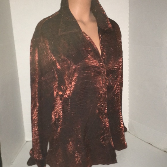 Vintage Silky Golden Crinkle Secretary Blouse Top - Picture 2 of 8